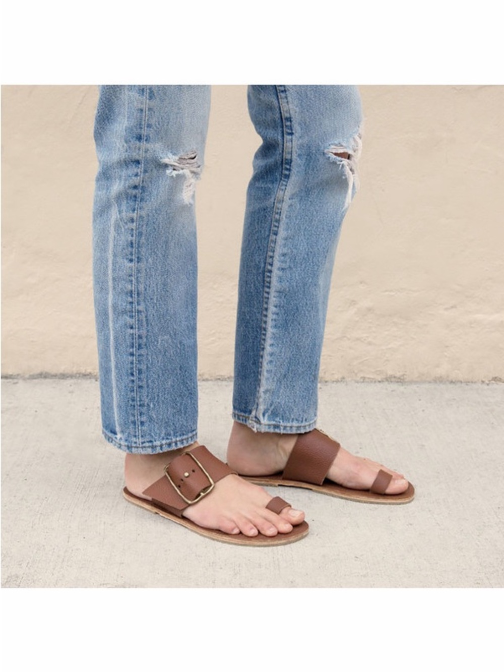 Beatrice Valenzuela Sandals Brown Leather Brass Buckle Size 6 Boho Quiet Luxury